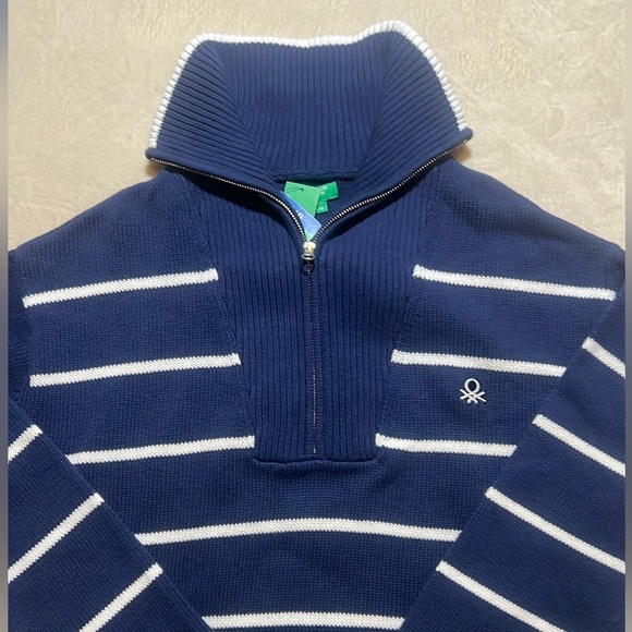 NWT United Colors of Benetton Navy White Striped 1/4 Zip Sweater sz L - Picture 4 of 8
